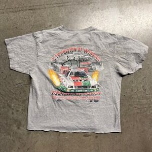 Vintage John Force Racing T Shirt Mens Large Grey Cropped NHRA Funny Car Graphic